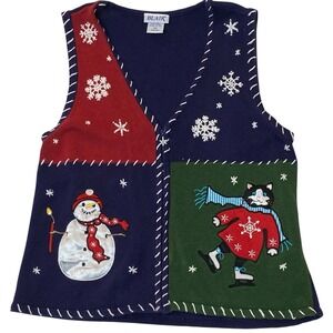 Vintage Blair Christmas Sweater Vest Womens‎ S Blue Cat Winter Patchwork Grandma